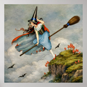 Vintage Witch Flying Illustration Cottagecore Poster