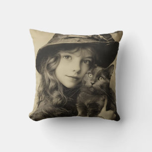 Vintage Witch Girl with Cat Throw Pillow
