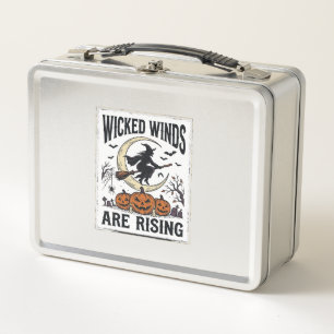 Vintage Witch Halloween Broomstick Pumpkin Moon Ar Metal Lunch Box