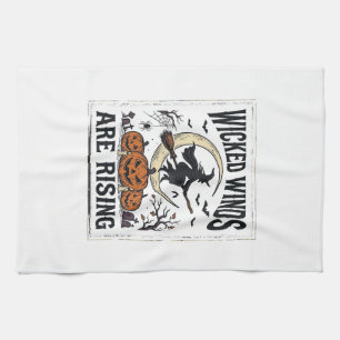 Vintage Witch Halloween Broomstick Pumpkin Moon Ar Tea Towel