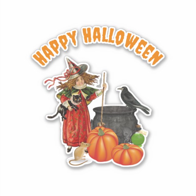 Vintage Witch Halloween Custom-Cut Vinyl Sticker (Front)