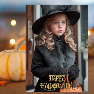 Vintage Witch Halloween Photo Gold Pumpkin  Foil Holiday Card