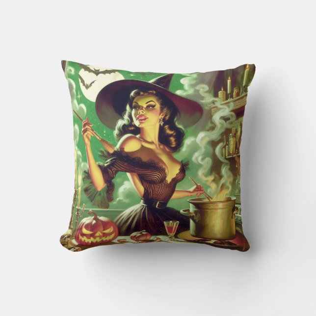 Vintage Witch Halloween Pin-Up Cushion (Front)