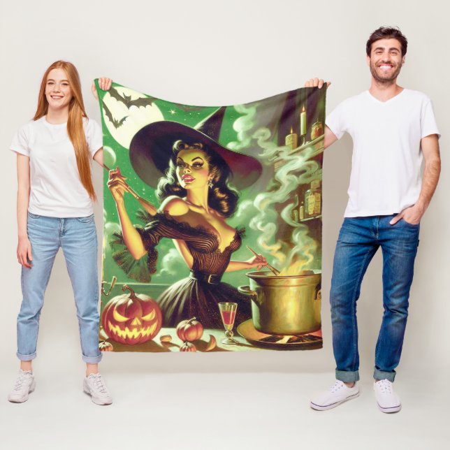 Vintage Witch Halloween Pin-Up Fleece Blanket (In Situ)