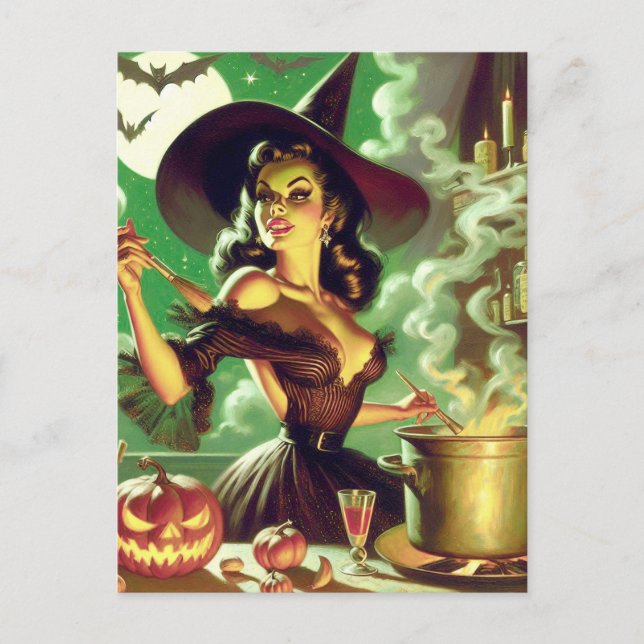 Vintage Witch Halloween Pin-Up Postcard (Front)