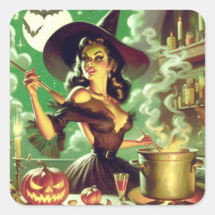 Vintage Witch Halloween Pin-Up Square Sticker