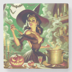Vintage Witch Halloween Pin-Up Stone Coaster