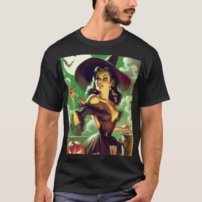 Vintage Witch Halloween Pin-Up T-Shirt (Front)