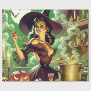 Vintage Witch Halloween Pin-Up Wrapping Paper