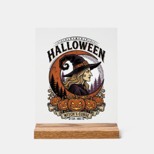 Vintage Witch Halloween Pumpkin Moon Engraving Art Acrylic Sign