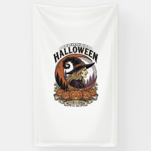 Vintage Witch Halloween Pumpkin Moon Engraving Art Banner