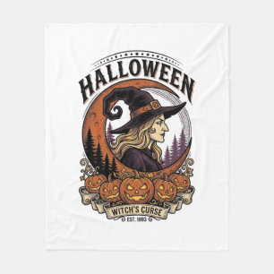 Vintage Witch Halloween Pumpkin Moon Engraving Art Fleece Blanket
