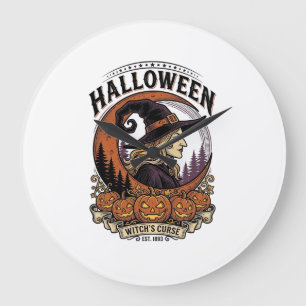 Vintage Witch Halloween Pumpkin Moon Engraving Art Large Clock