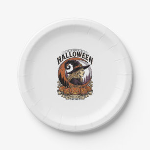 Vintage Witch Halloween Pumpkin Moon Engraving Art Paper Plate