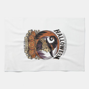 Vintage Witch Halloween Pumpkin Moon Engraving Art Tea Towel