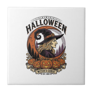 Vintage Witch Halloween Pumpkin Moon Engraving Art Tile