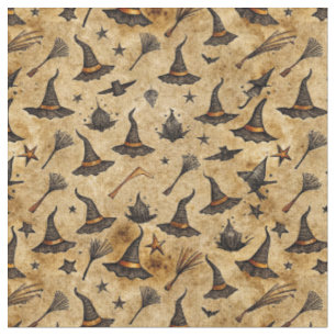 Vintage Witch Hats & Broomsticks Halloween Pattern Fabric