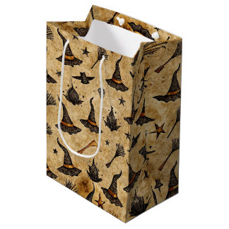 Vintage Witch Hats & Broomsticks Halloween Pattern Medium Gift Bag