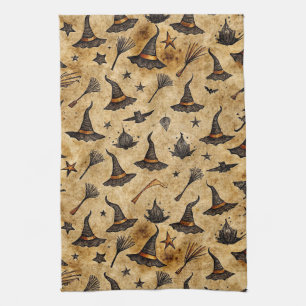 Vintage Witch Hats & Broomsticks Halloween Pattern Tea Towel