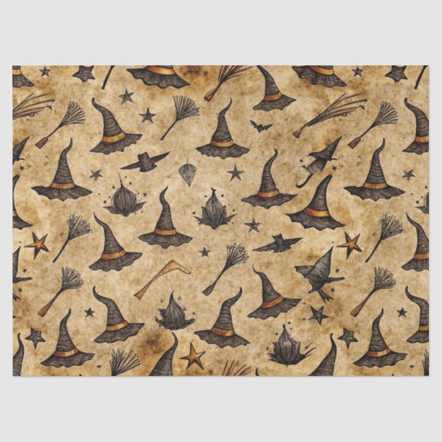 Vintage Witch Hats & Broomsticks Halloween Pattern Tissue Paper (Front)