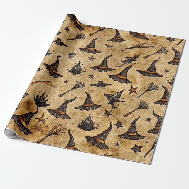 Vintage Witch Hats & Broomsticks Halloween Pattern Wrapping Paper (Unrolled)