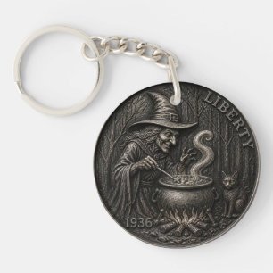 Vintage Witch. Hobo Nickel Carved Coin Art. Key Ring