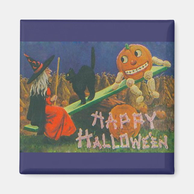 Vintage Witch & Jack o' Lanterns Play Time Magnet (Front)