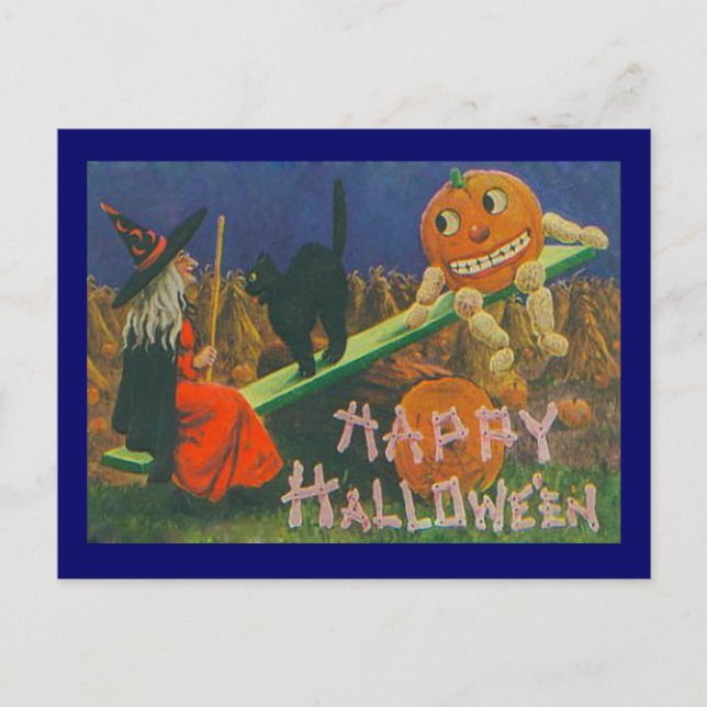 Vintage Witch & Jack o' Lanterns Play Time Postcard (Front)