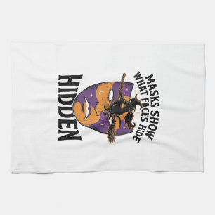 Vintage Witch Mask Halloween Face Illusion Art_1 Tea Towel