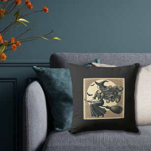 Vintage Witch on Broom Full Moon & Bats Halloween Cushion