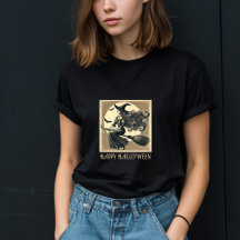 Vintage Witch on Broom Full Moon & Bats Halloween