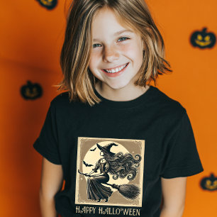 Vintage Witch on Broom Full Moon & Bats Halloween T-Shirt