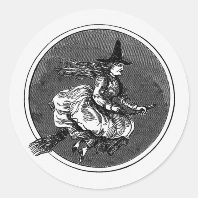 Vintage Witch On Broom Halloween Classic Round Sticker (Front)