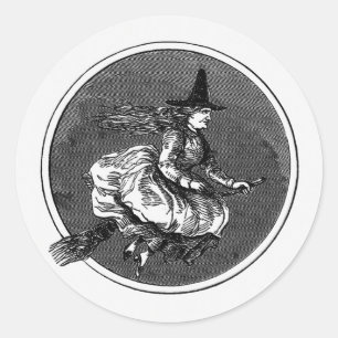 Vintage Witch On Broom Halloween Classic Round Sticker