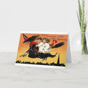 Vintage Witch On Broomstick Halloween Card