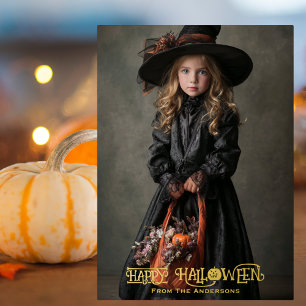 Vintage Witch Photo Spooky Halloween Gold Pumpkin Foil Holiday Card