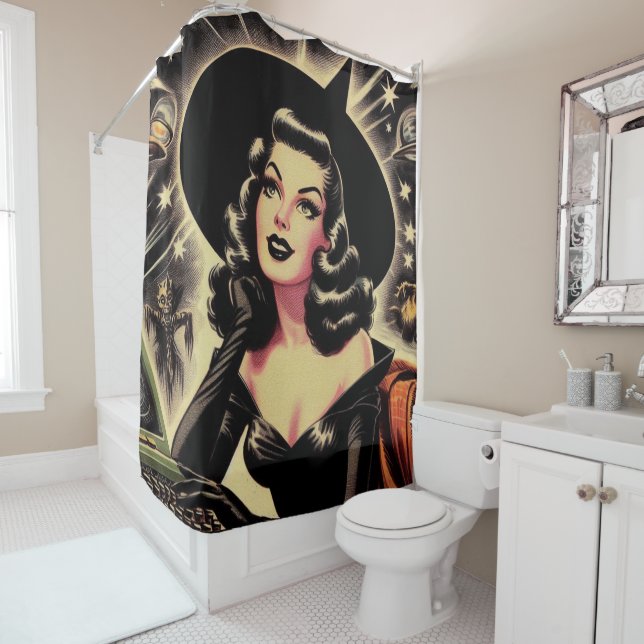 Vintage Witch Pin Up Shower Curtain (In Situ)