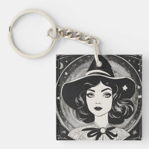 Vintage Witch Portrait Black and White Retro Key Ring