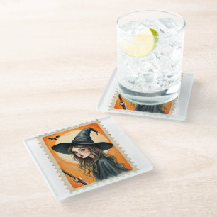 Vintage Witch Postage Stamp Glass Coaster