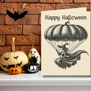 Vintage Witch & Pumpkin Parachute Halloween Photo Holiday Card
