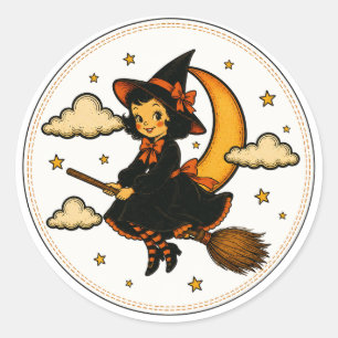Vintage Witch Riding Broom Halloween Classic Round Sticker