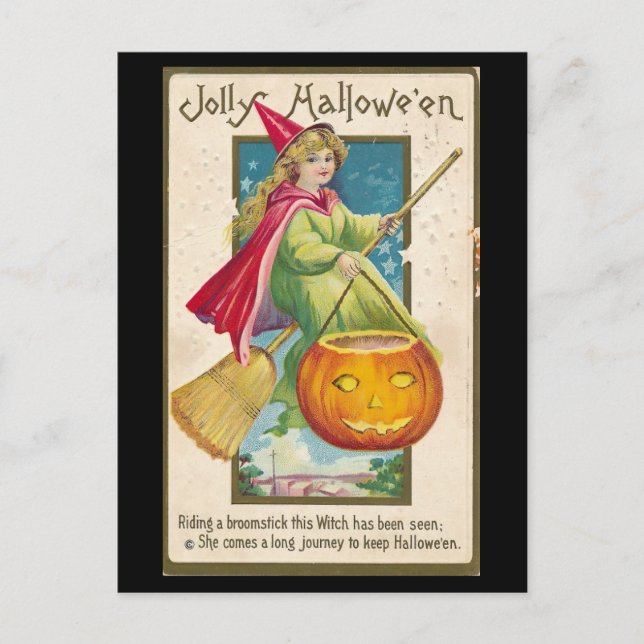 Vintage witch riding broomstick postcard (Front)