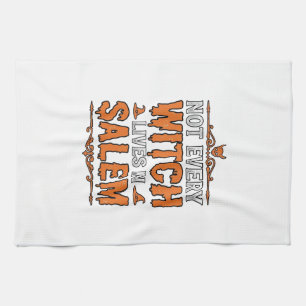 Vintage Witch Salem Halloween Typography Design_1 Tea Towel