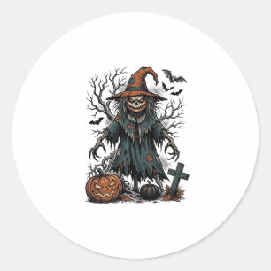 Vintage Witch Scarecrow Halloween Pumpkin Shirt De Classic Round Sticker