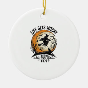 Vintage Witch Shirt Retro Halloween Flying Witch A Ceramic Tree Decoration