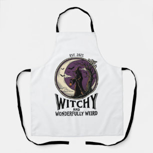 Vintage Witch Shirt With Spooky Moon Halloween Art Apron