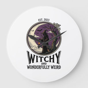 Vintage Witch Shirt With Spooky Moon Halloween Art Large Clock