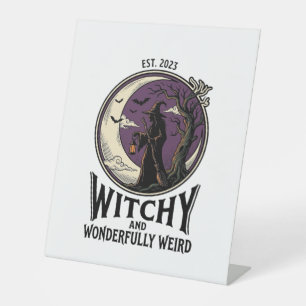 Vintage Witch Shirt With Spooky Moon Halloween Art Pedestal Sign