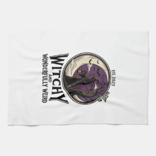 Vintage Witch Shirt With Spooky Moon Halloween Art Tea Towel