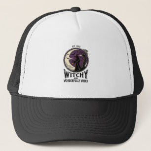 Vintage Witch Shirt With Spooky Moon Halloween Art Trucker Hat